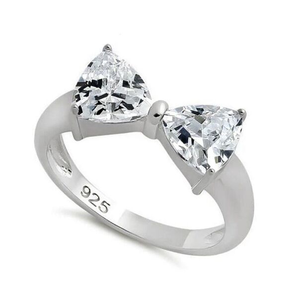 Sterling Silver Bow Trillion Cut Diamond Simulate  Ring New - Picture 1 of 9